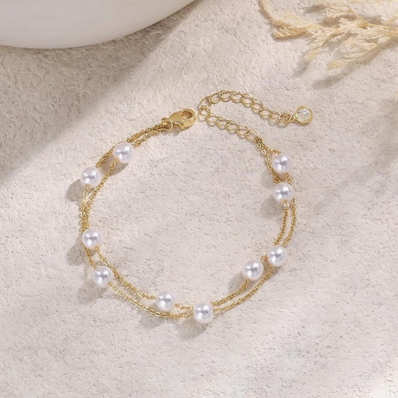 Layered 14k Gold Plated & Faux Pearls Bracelet with Extender, New - Picture 1 of 2
